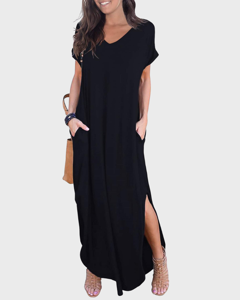 Rosenda Abito Maxi Donna – Scollo a V Maniche Corte, Linea Fluida & Fente con Tasche Estate