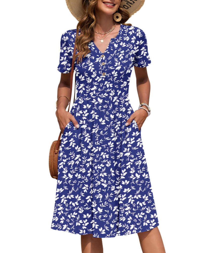 Ester Abito Donna – Abito Estate Mi-Longue Scollo a V Maniche Corte Boutonnée Taille Empire Tasche