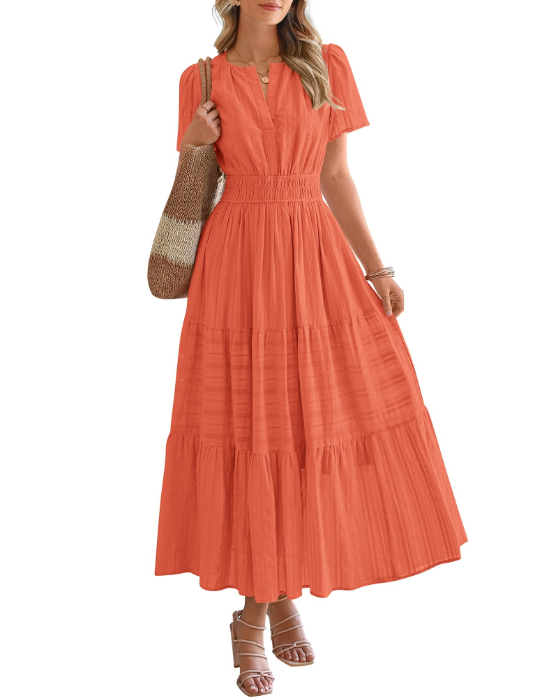 Eliza Abito Donna – Abito Maxi Bohémien Scollo a V Maniche Corte Vita Elastica Fluida Tasche