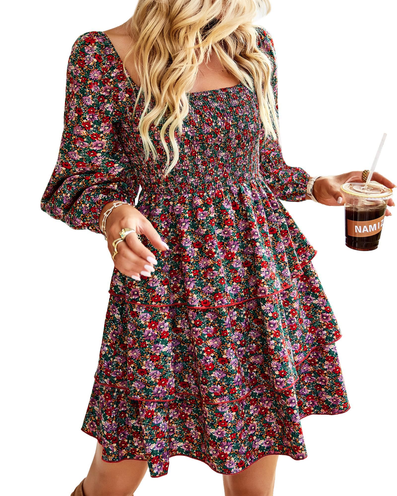 Léa Abito Donna – Abito Bohémien Mini Scollo Quadrato Smockée Vita Alta Maniche Lunghe Balze