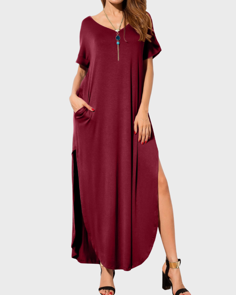 Rosenda Abito Maxi Donna – Scollo a V Maniche Corte, Linea Fluida & Fente con Tasche Estate