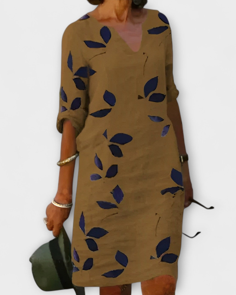 Madie Abito Donna Elegante – Abito Fluida Stampa Feuilles, Linea Flatteuse & Comfort