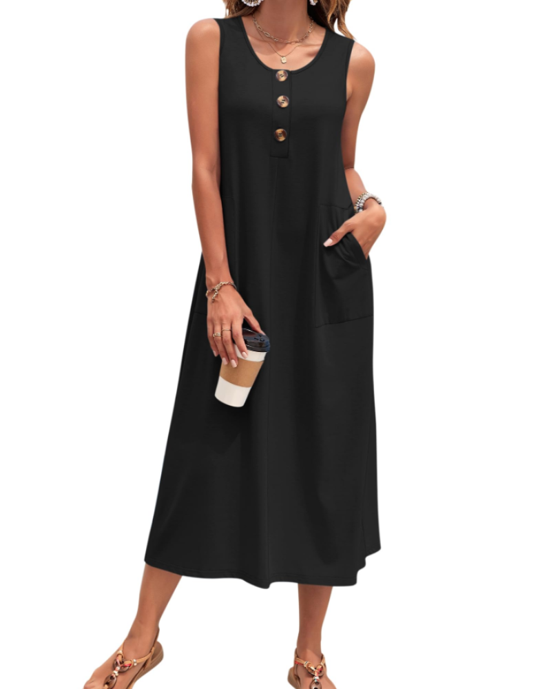 Julia Abito Donna – Abito Maxi a Trapezio Senza Maniche Boutonnée con Tasche Estate Casual
