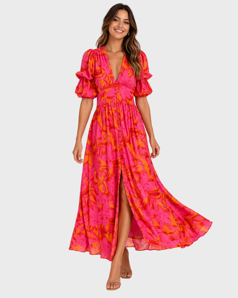 Samantha Abito Estate Donna – Scollo a V, Manches Bouffantes & Linea Fluida Elegante