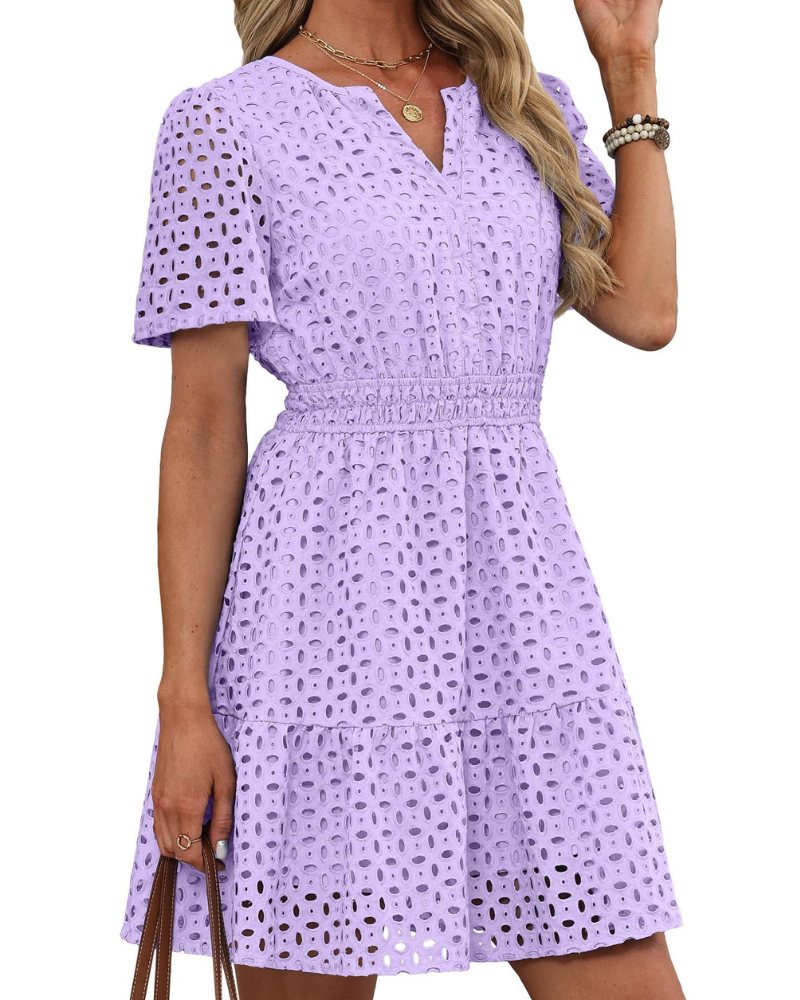 Hedwig Abito Donna – Scollo a V Pizzo Brodée, Maniche Corte & Linea Mini Vita Alta Estate