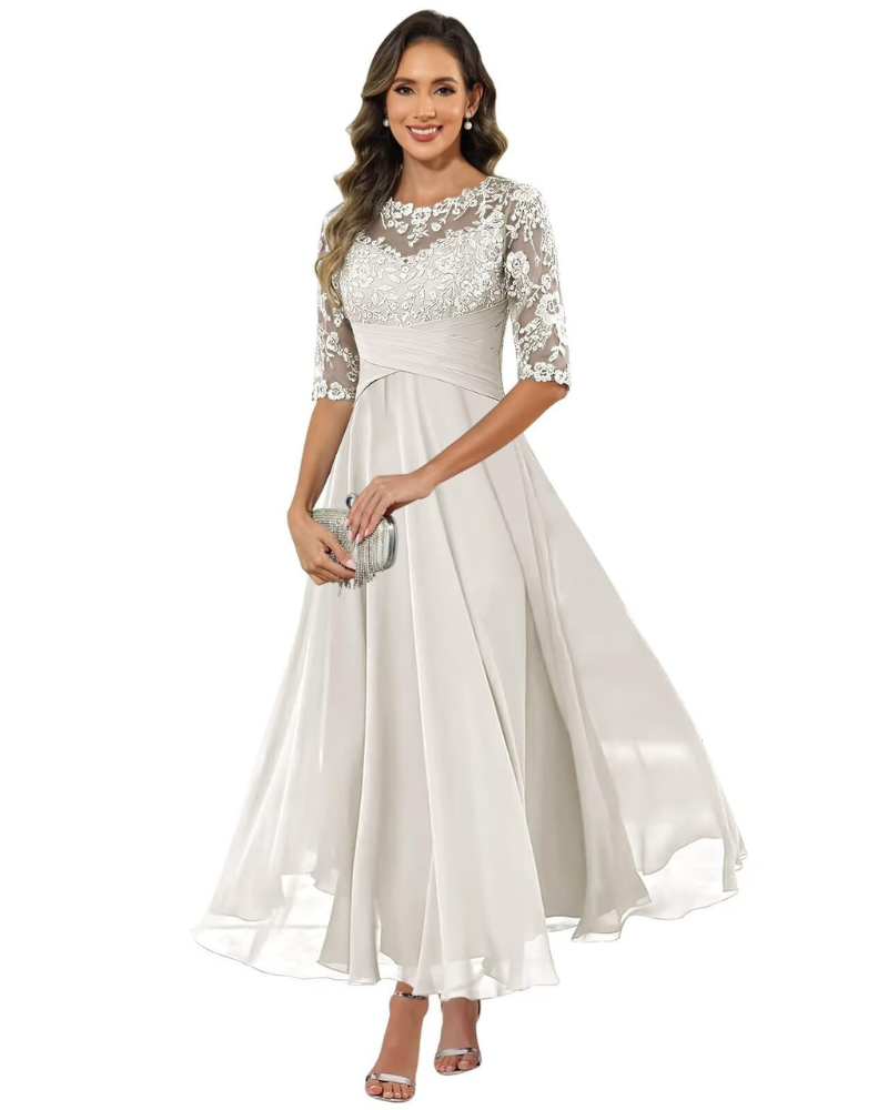 Olanthe Abito Soirée Donna – Pizzo & Mousseline, Manches 3/4 & Linea a Trapezio Elegante