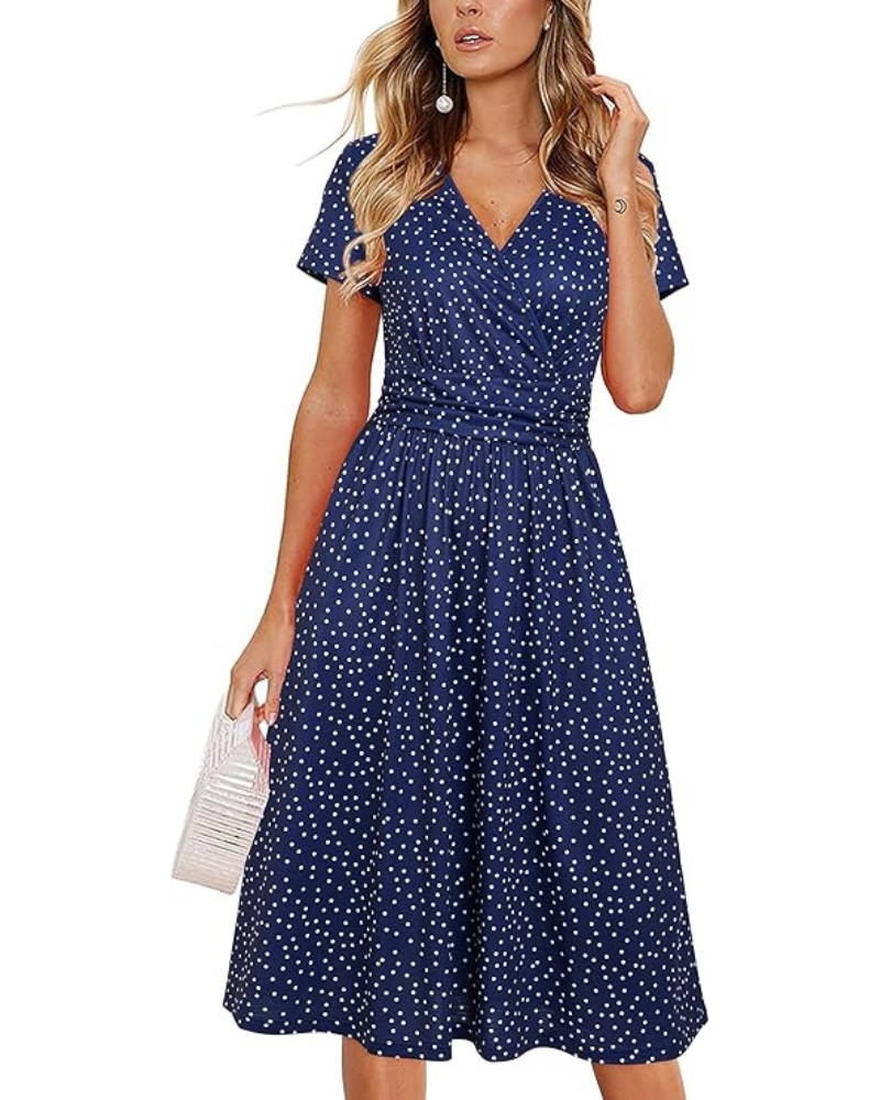 Rain Abito Donna – Scollo a V Floral, Linea a Trapezio & Tasche Longueur Genou Elegante Estate