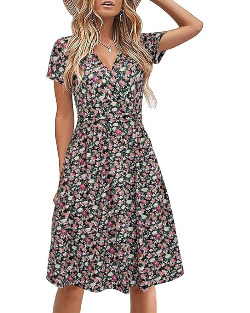Genesis Abito Donna – Stampa Floral, Scollo a V Croisé & Tasche Linea a Trapezio Elegante