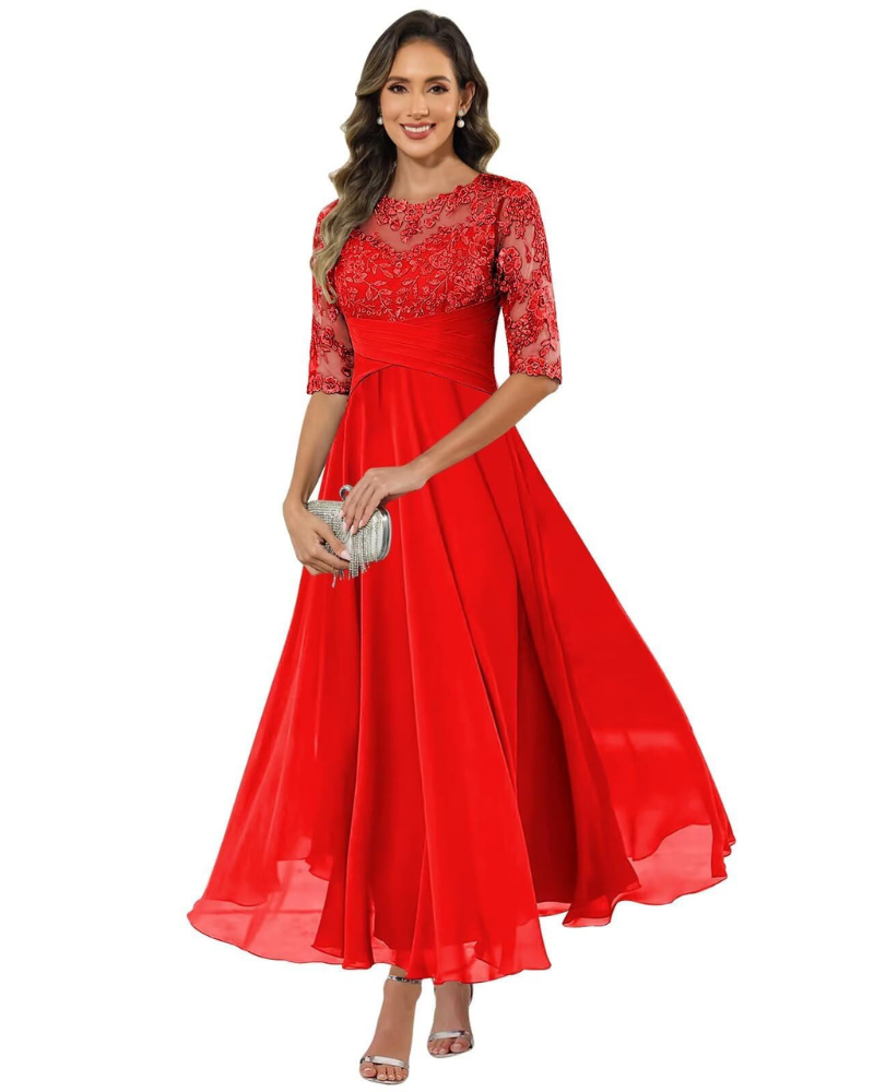 Olanthe Abito Soirée Donna – Pizzo & Mousseline, Manches 3/4 & Linea a Trapezio Elegante