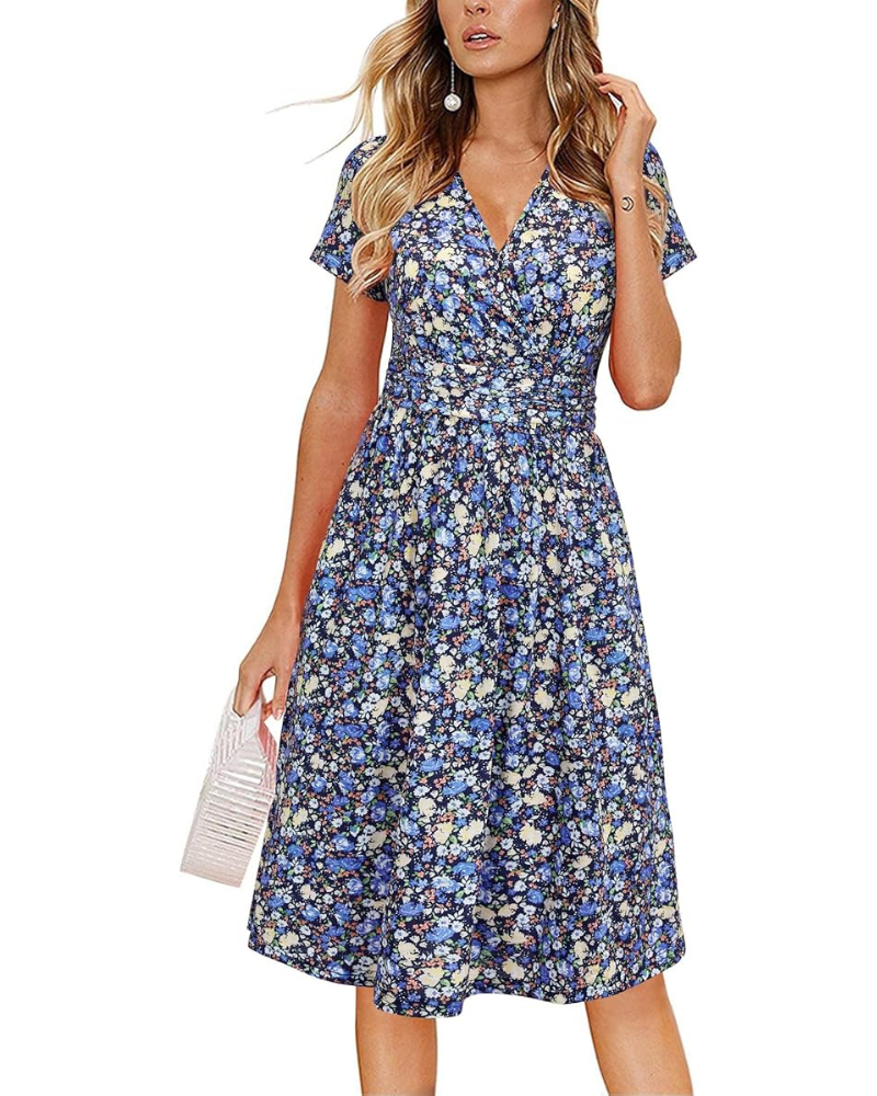 Rain Abito Donna – Scollo a V Floral, Linea a Trapezio & Tasche Longueur Genou Elegante Estate