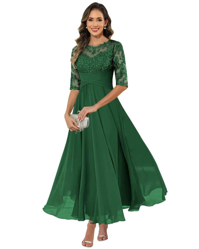 Olanthe Abito Soirée Donna – Pizzo & Mousseline, Manches 3/4 & Linea a Trapezio Elegante