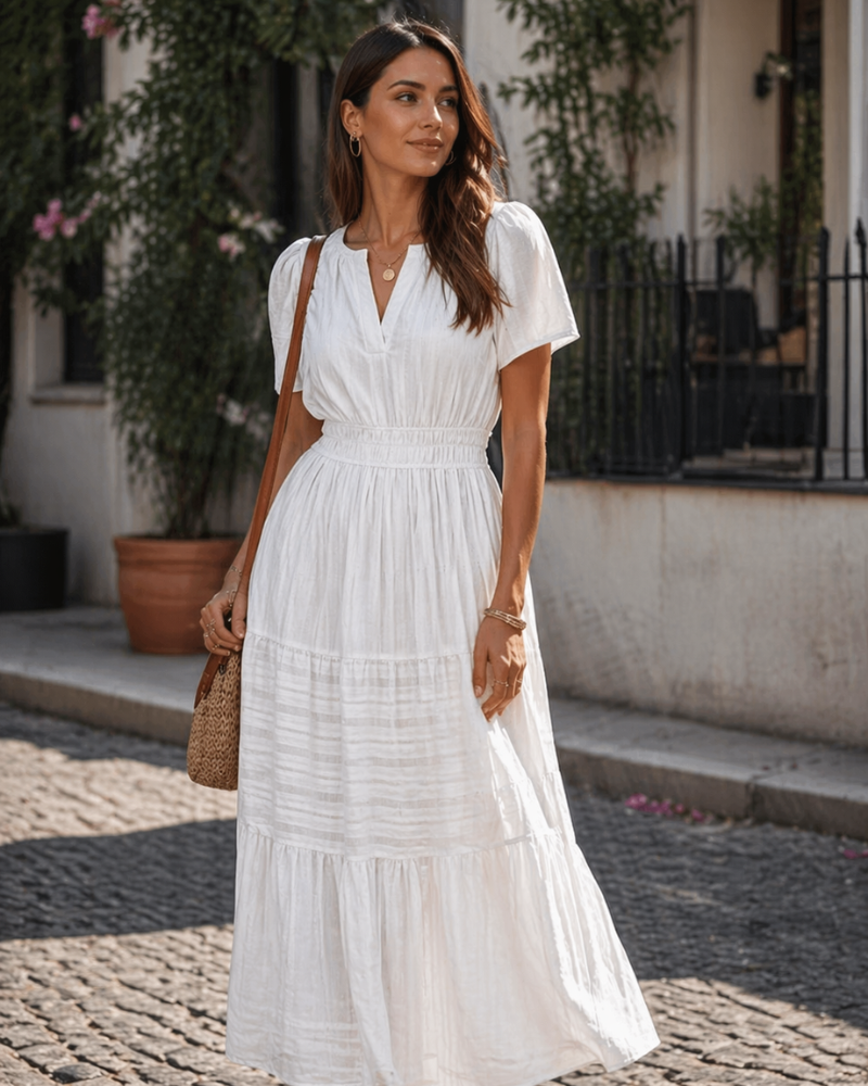 Eliza Abito Donna – Abito Maxi Bohémien Scollo a V Maniche Corte Vita Elastica Fluida Tasche