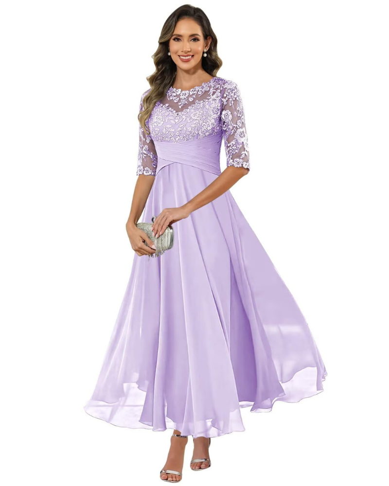 Olanthe Abito Soirée Donna – Pizzo & Mousseline, Manches 3/4 & Linea a Trapezio Elegante