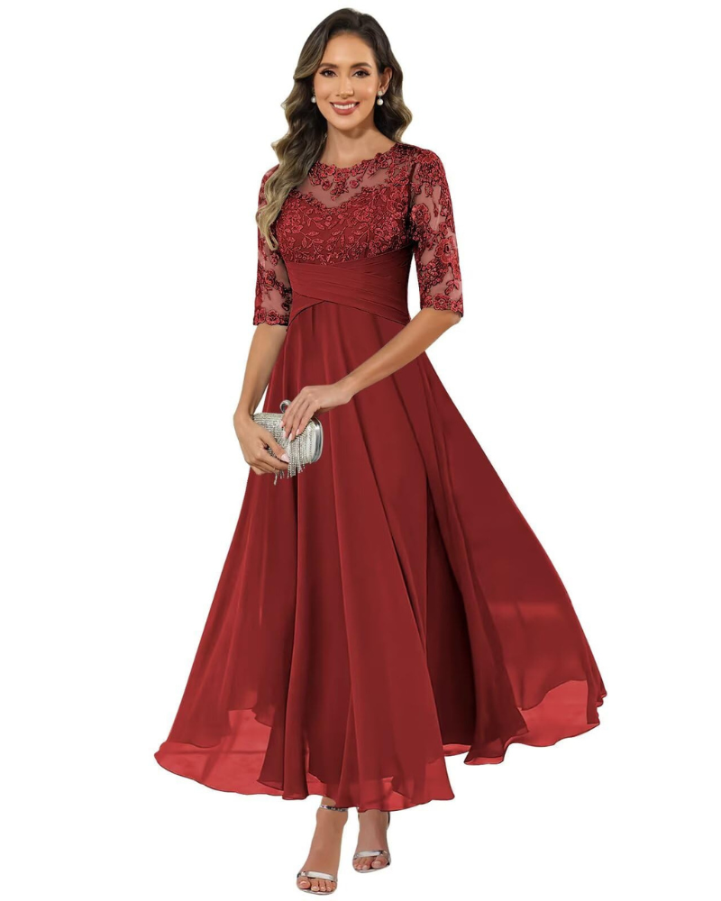 Olanthe Abito Soirée Donna – Pizzo & Mousseline, Manches 3/4 & Linea a Trapezio Elegante