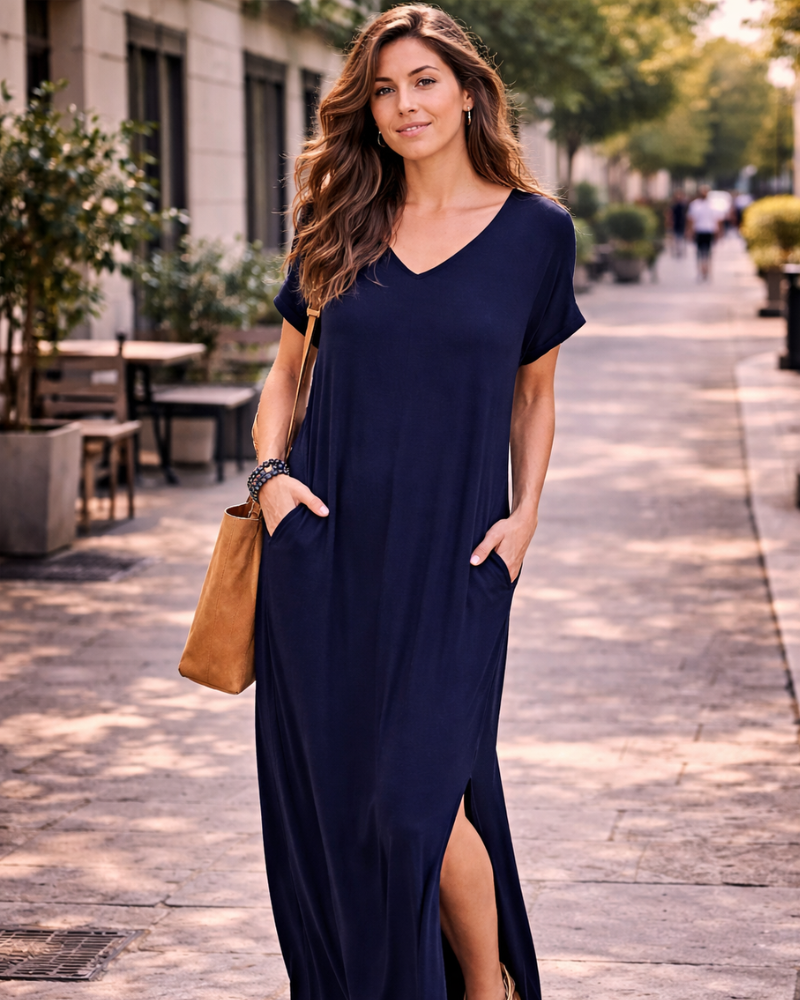 Rosenda Abito Maxi Donna – Scollo a V Maniche Corte, Linea Fluida & Fente con Tasche Estate