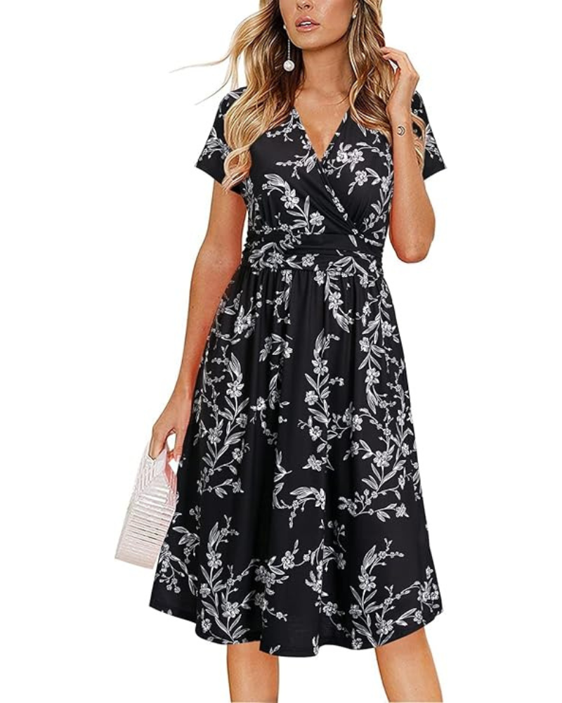 Rain Abito Donna – Scollo a V Floral, Linea a Trapezio & Tasche Longueur Genou Elegante Estate