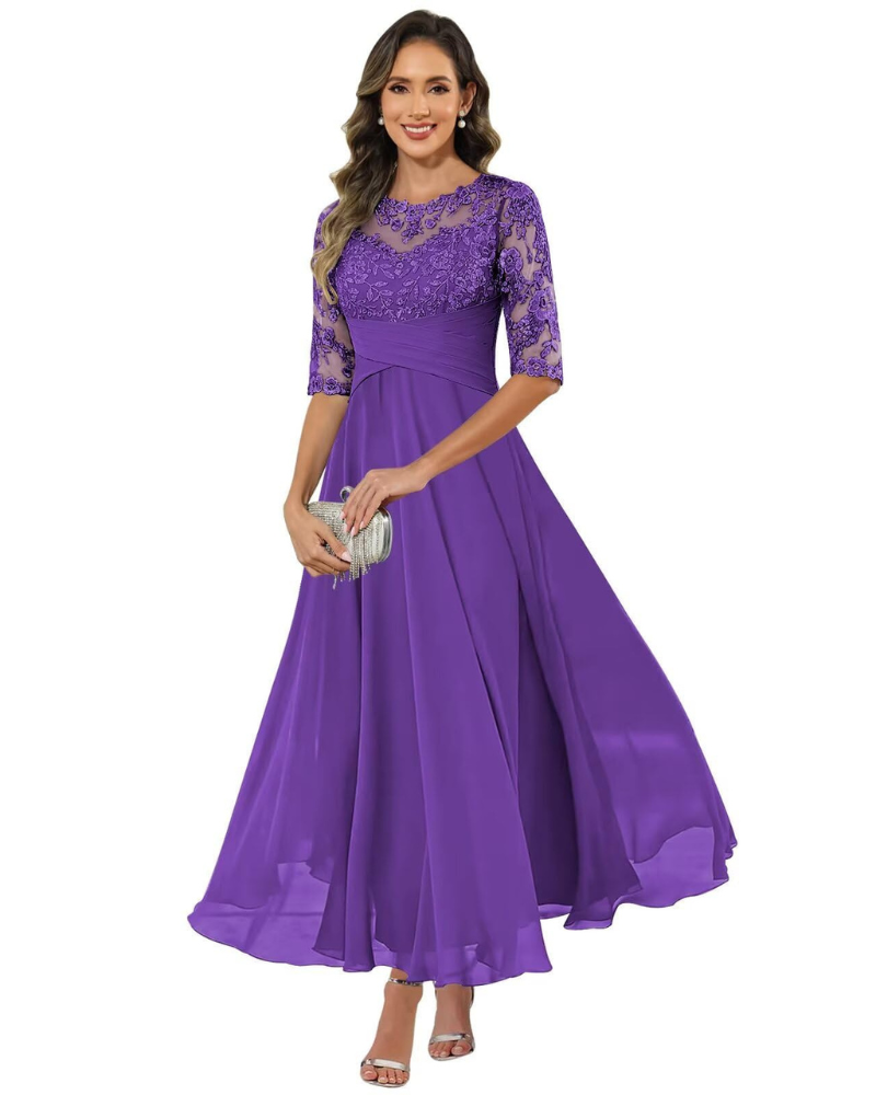 Olanthe Abito Soirée Donna – Pizzo & Mousseline, Manches 3/4 & Linea a Trapezio Elegante