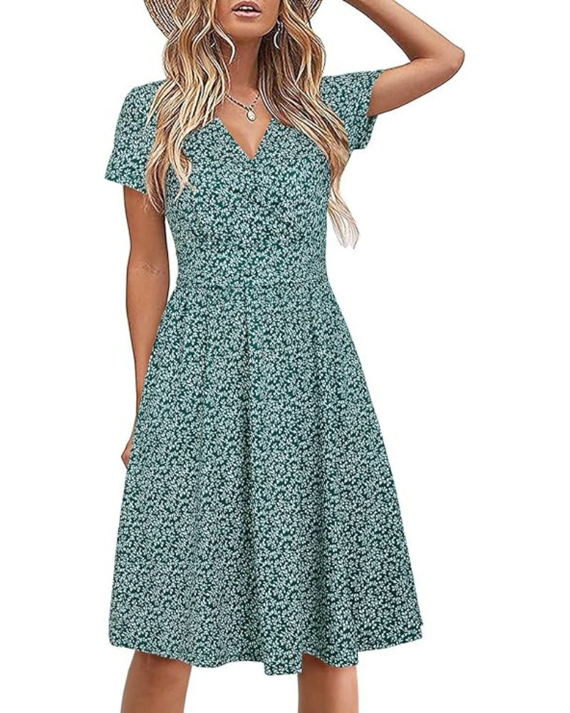 Genesis Abito Donna – Stampa Floral, Scollo a V Croisé & Tasche Linea a Trapezio Elegante