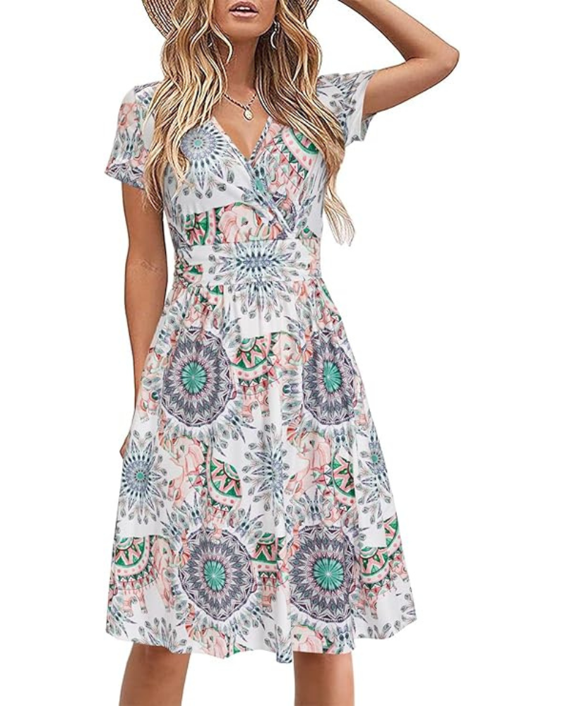 Genesis Abito Donna – Stampa Floral, Scollo a V Croisé & Tasche Linea a Trapezio Elegante
