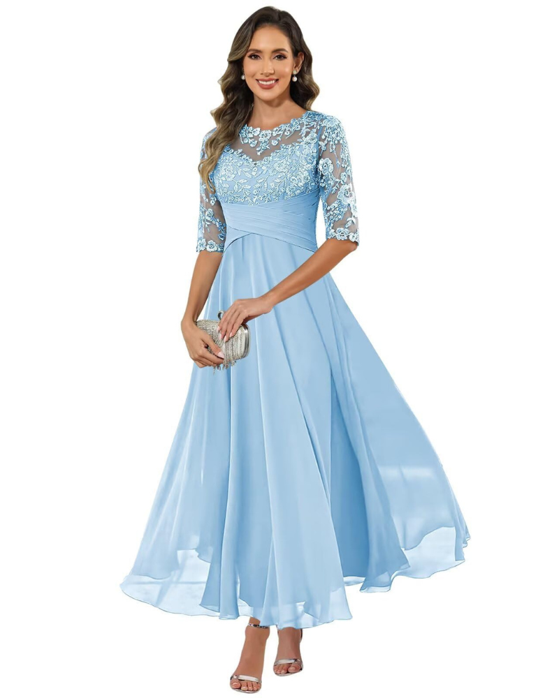 Olanthe Abito Soirée Donna – Pizzo & Mousseline, Manches 3/4 & Linea a Trapezio Elegante