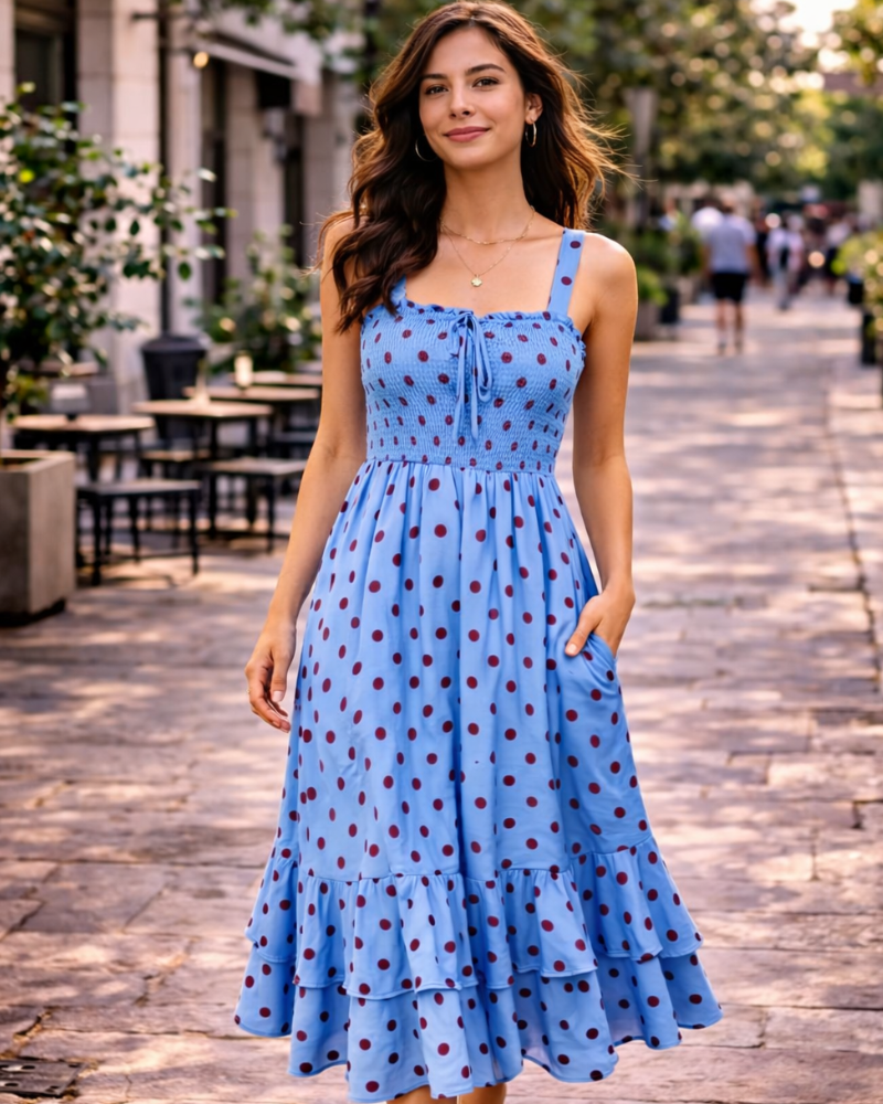 Mildred Abito Maxi Donna – Scollo Quadrato Bretella, Linea a Trapezio Smockée & Ourlet Balze Estate