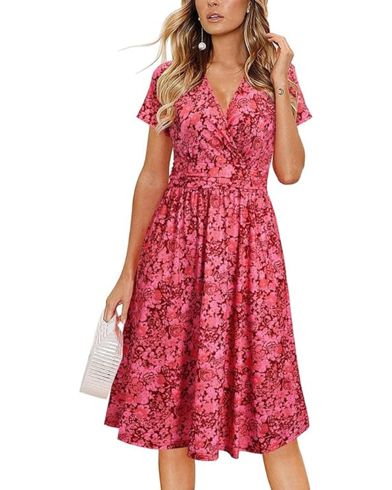 Rain Abito Donna – Scollo a V Floral, Linea a Trapezio & Tasche Longueur Genou Elegante Estate