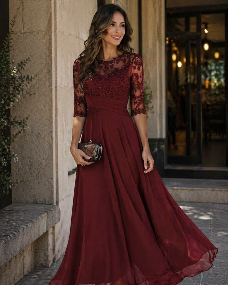 Olanthe Abito Soirée Donna – Pizzo & Mousseline, Manches 3/4 & Linea a Trapezio Elegante