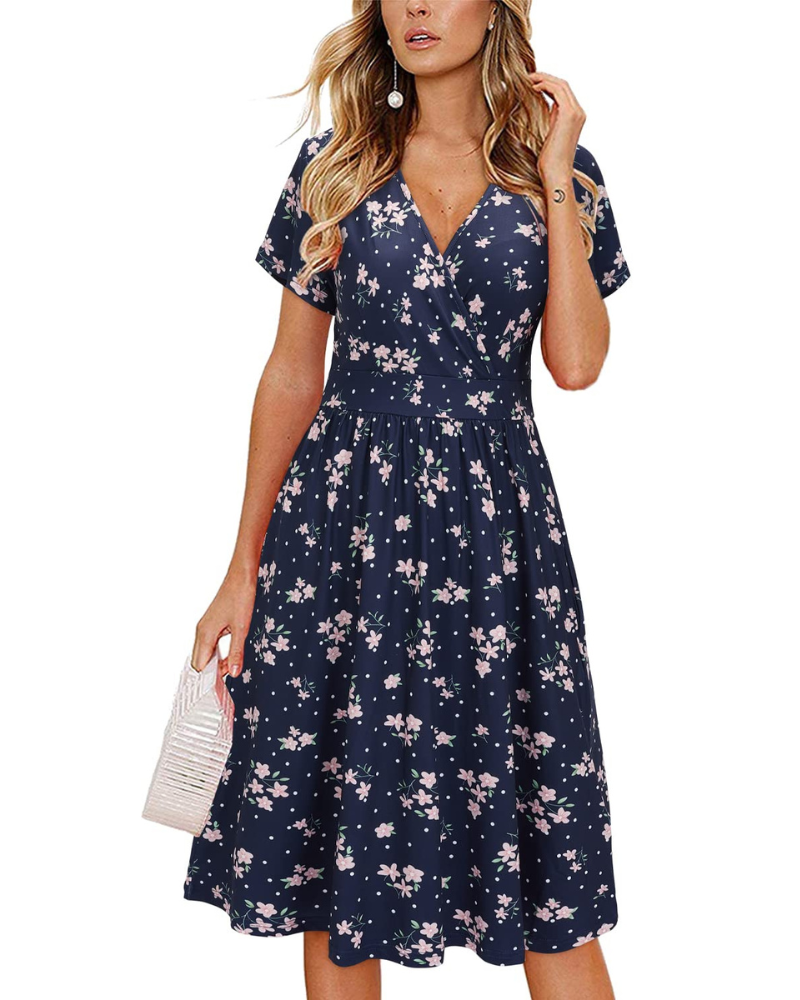Evania Abito Donna – Cache-Cœur Scollo a V, Linea a Trapezio & Tasche Longueur Genou Elegante