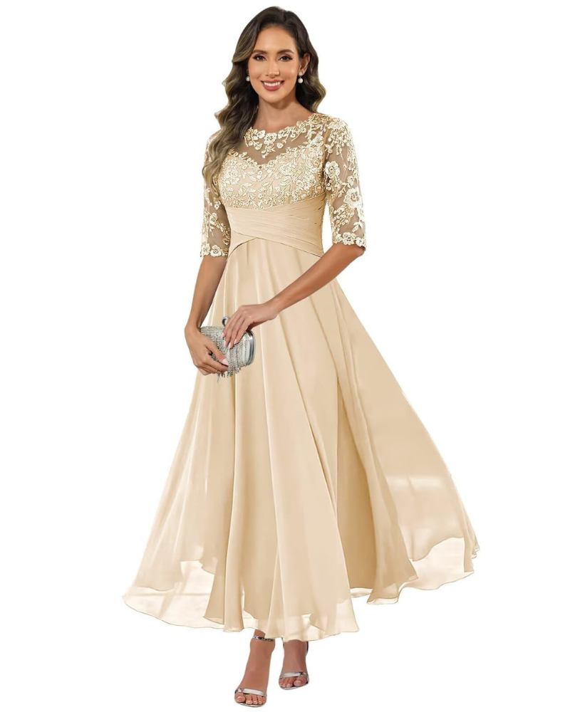 Olanthe Abito Soirée Donna – Pizzo & Mousseline, Manches 3/4 & Linea a Trapezio Elegante