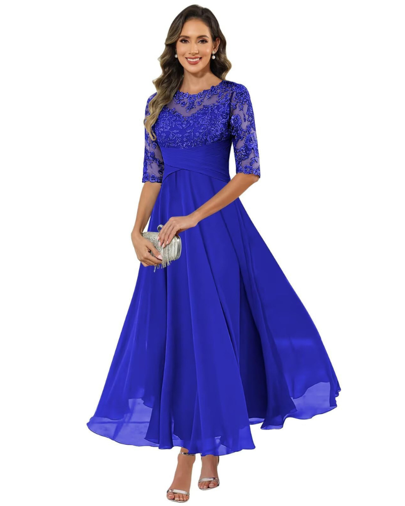 Olanthe Abito Soirée Donna – Pizzo & Mousseline, Manches 3/4 & Linea a Trapezio Elegante