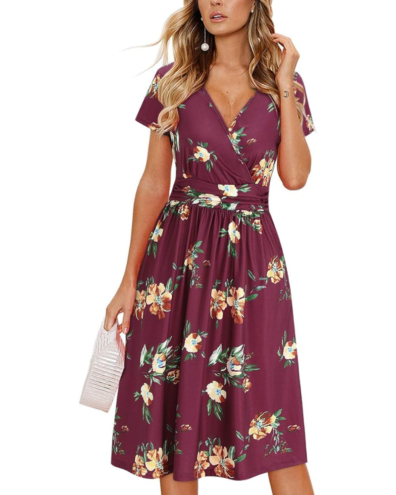 Rain Abito Donna – Scollo a V Floral, Linea a Trapezio & Tasche Longueur Genou Elegante Estate