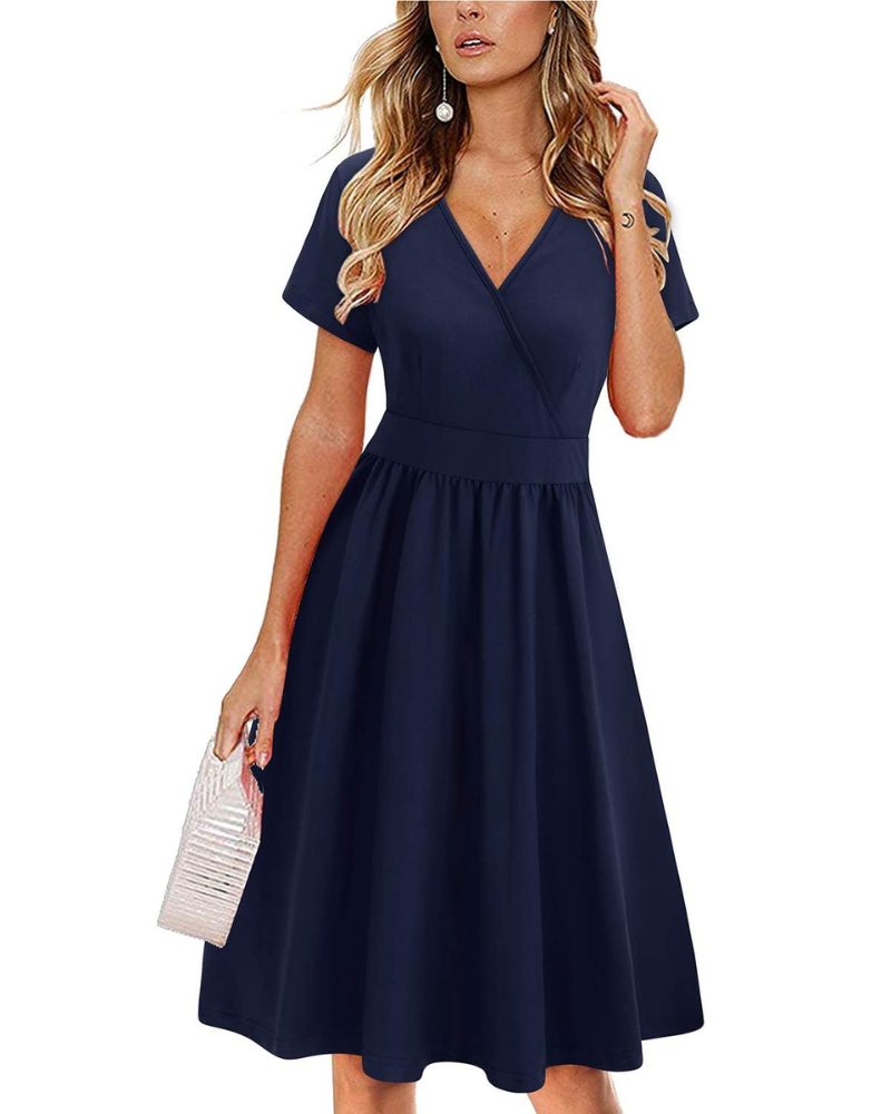 Evania Abito Donna – Cache-Cœur Scollo a V, Linea a Trapezio & Tasche Longueur Genou Elegante