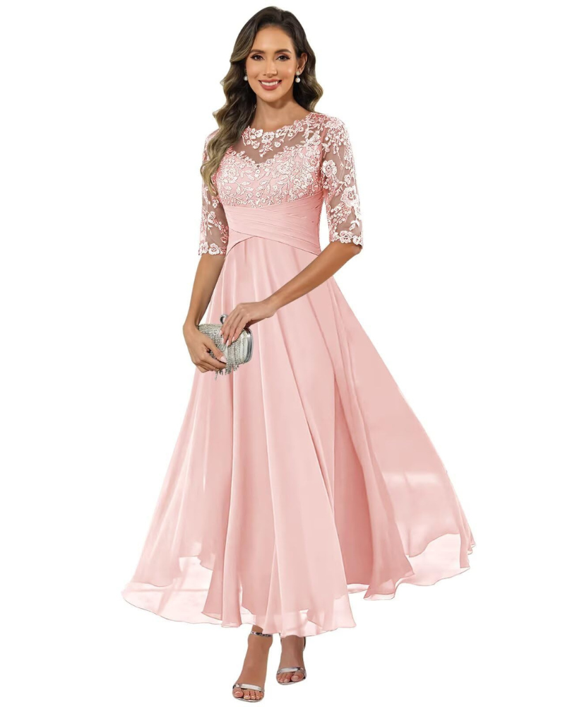 Olanthe Abito Soirée Donna – Pizzo & Mousseline, Manches 3/4 & Linea a Trapezio Elegante