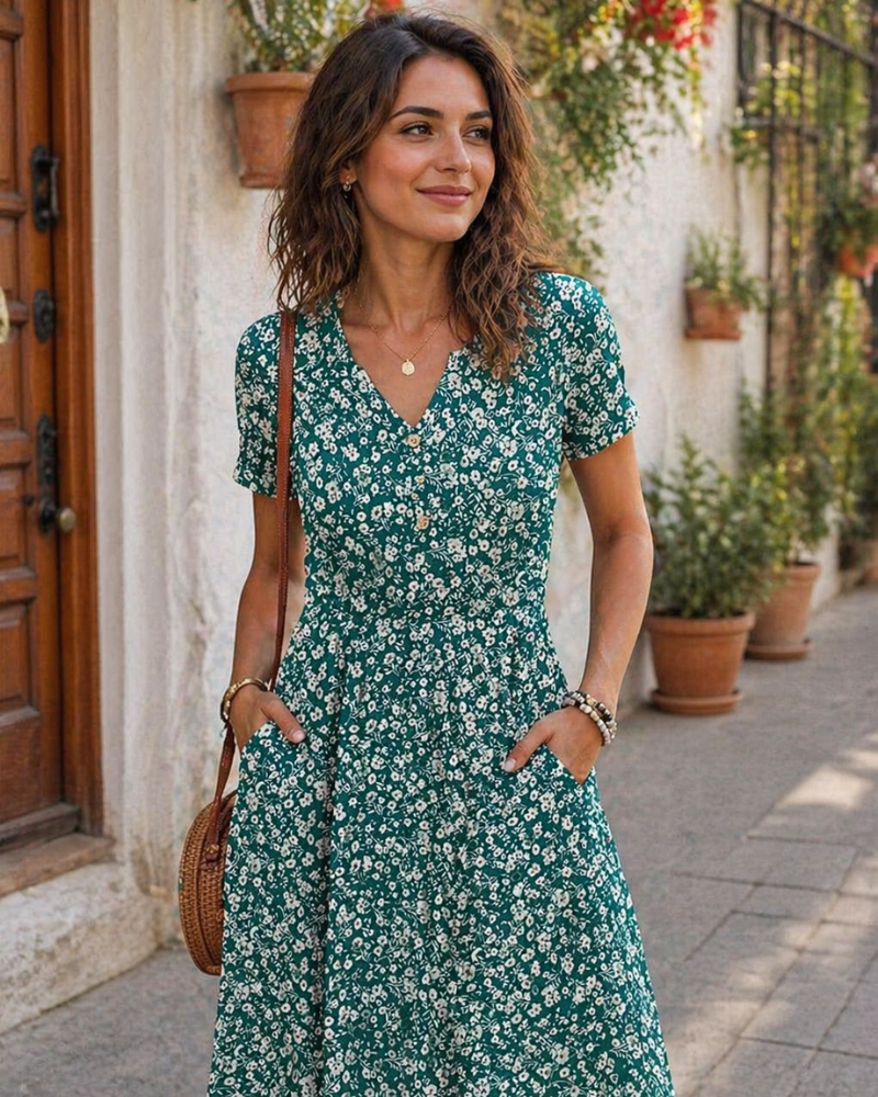 Ester Abito Donna – Abito Estate Mi-Longue Scollo a V Maniche Corte Boutonnée Taille Empire Tasche