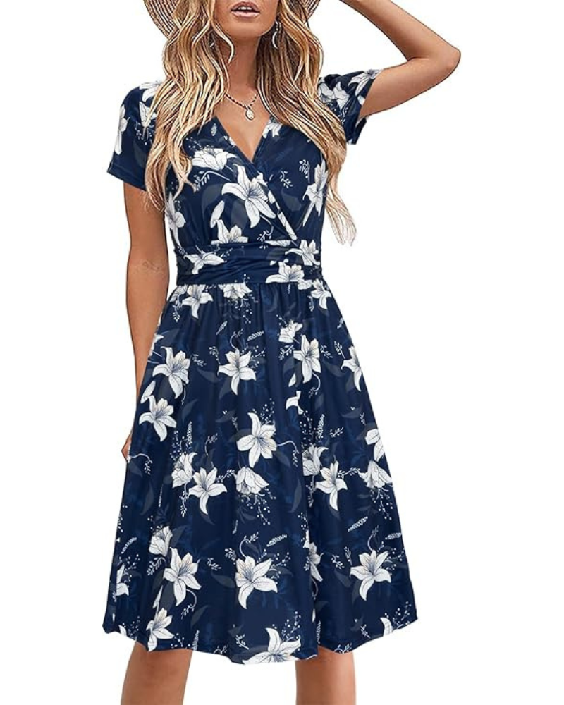 Genesis Abito Donna – Stampa Floral, Scollo a V Croisé & Tasche Linea a Trapezio Elegante