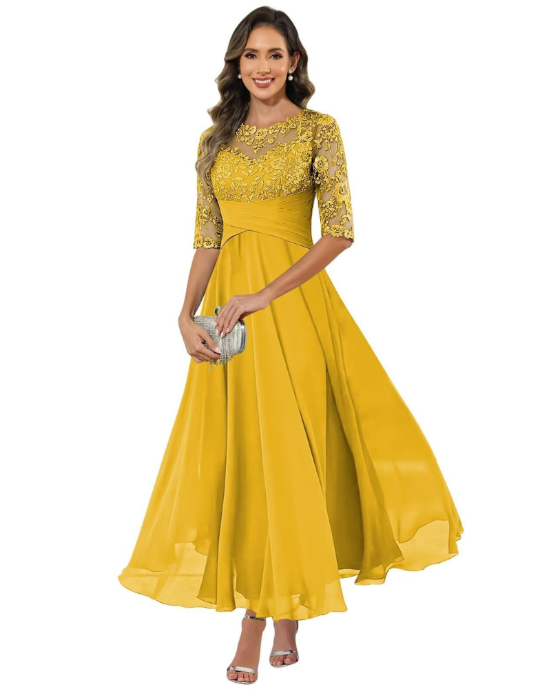 Olanthe Abito Soirée Donna – Pizzo & Mousseline, Manches 3/4 & Linea a Trapezio Elegante