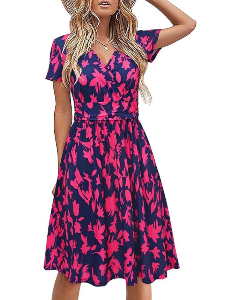 Genesis Abito Donna – Stampa Floral, Scollo a V Croisé & Tasche Linea a Trapezio Elegante