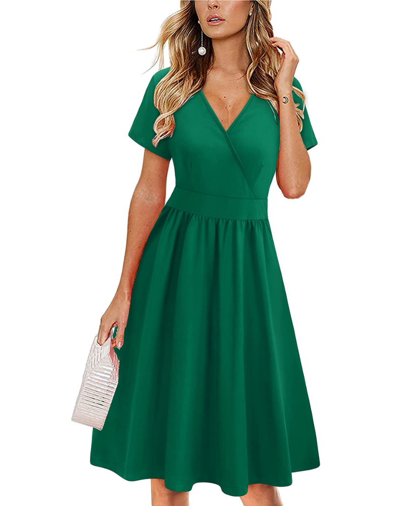 Evania Abito Donna – Cache-Cœur Scollo a V, Linea a Trapezio & Tasche Longueur Genou Elegante