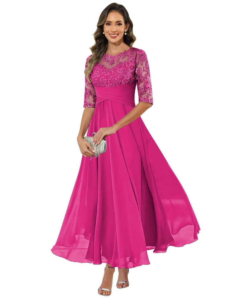 Olanthe Abito Soirée Donna – Pizzo & Mousseline, Manches 3/4 & Linea a Trapezio Elegante