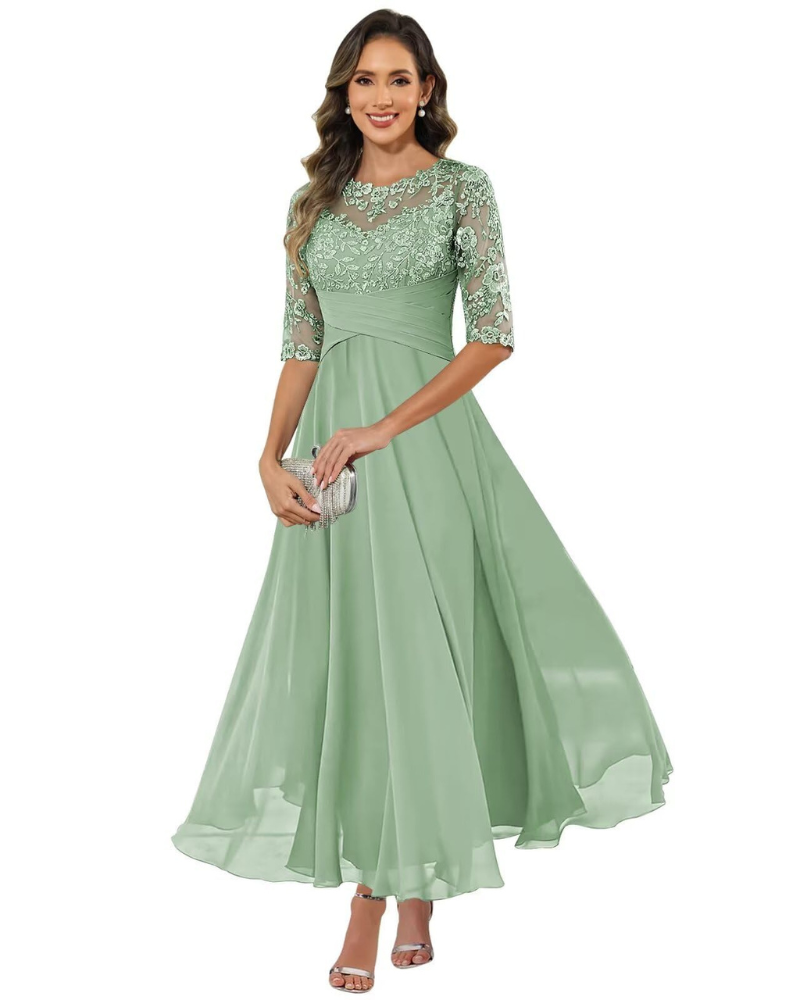 Olanthe Abito Soirée Donna – Pizzo & Mousseline, Manches 3/4 & Linea a Trapezio Elegante