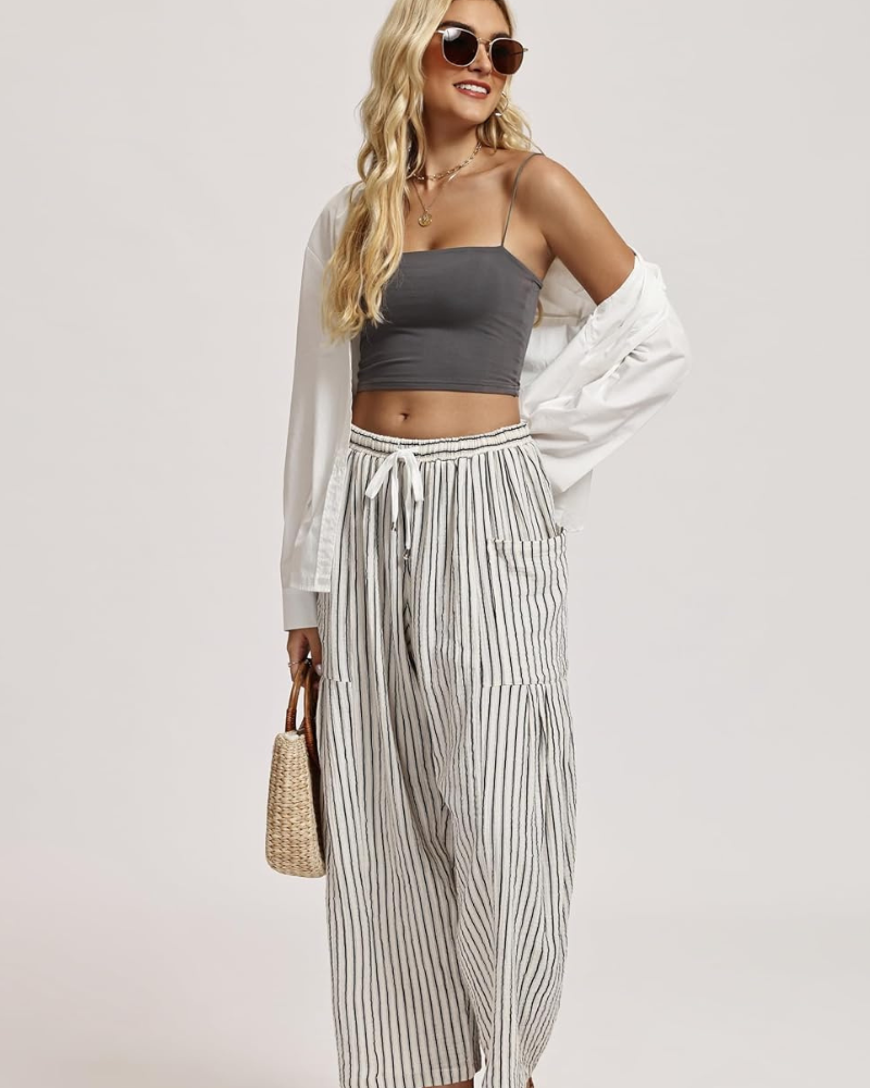 Tina Pantalone Donna – Palazzo Lin Large Oversize Taille Cordon & Tasche