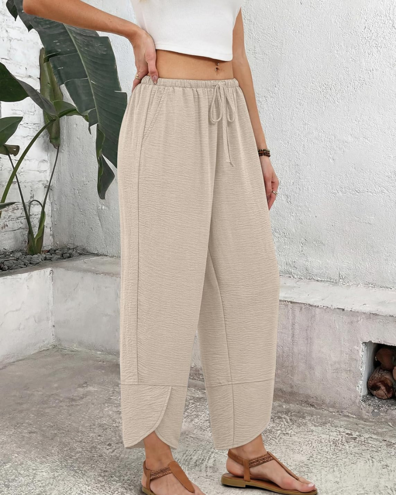 Klair Pantalone Donna – Capri Palazzo Large Vita Elastica Cordon & Tasche
