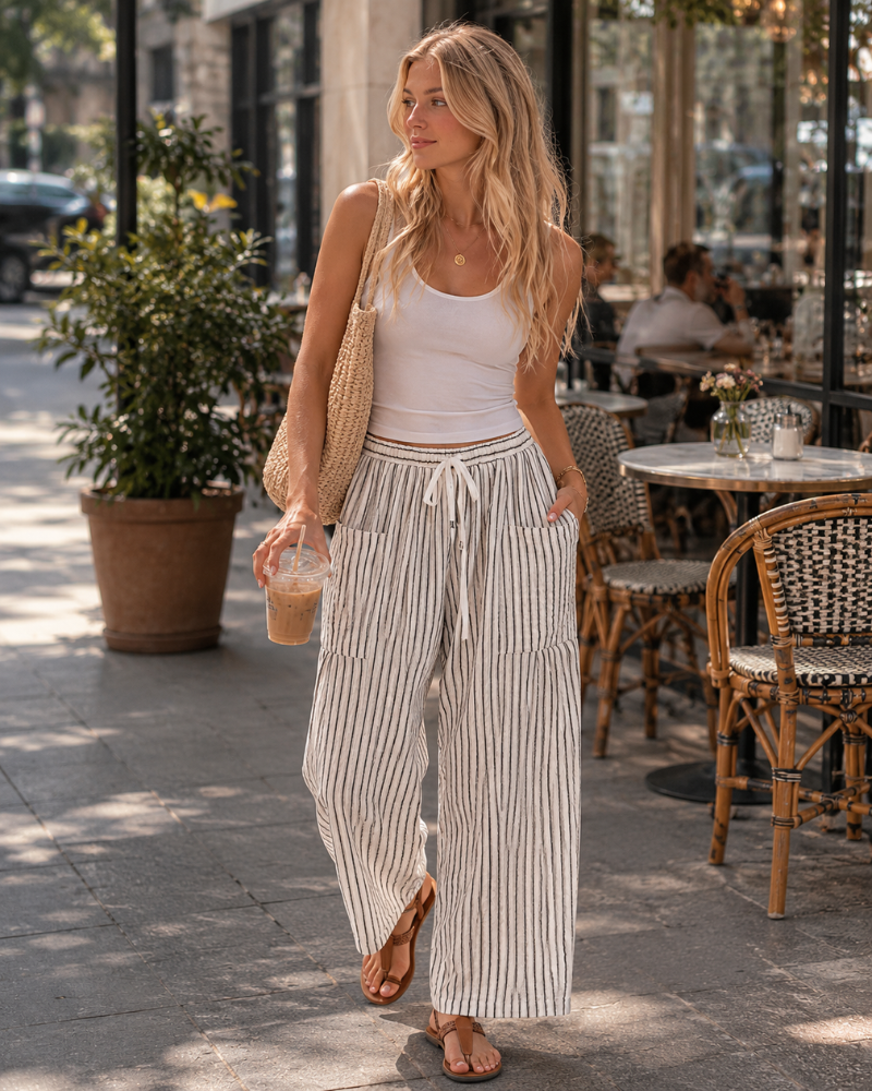 Tina Pantalone Donna – Palazzo Lin Large Oversize Taille Cordon & Tasche