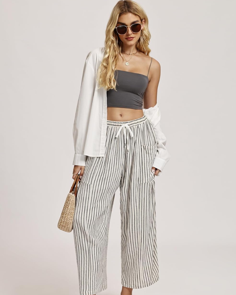 Tina Pantalone Donna – Palazzo Lin Large Oversize Taille Cordon & Tasche