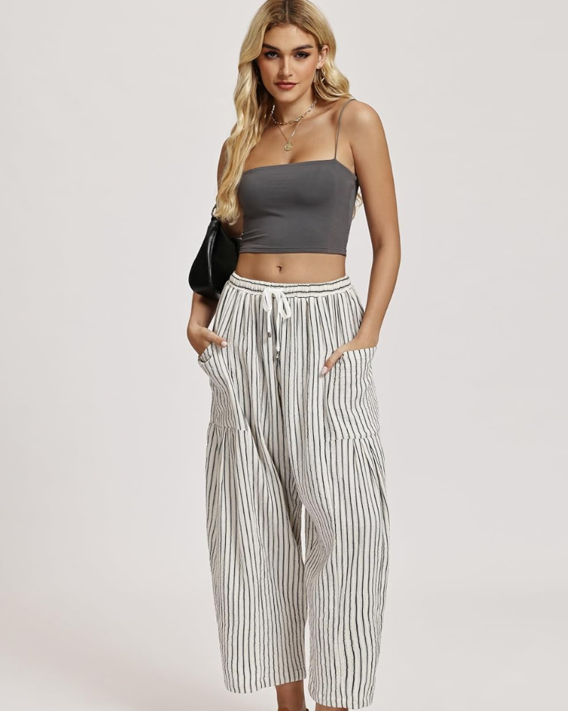 Tina Pantalone Donna – Palazzo Lin Large Oversize Taille Cordon & Tasche