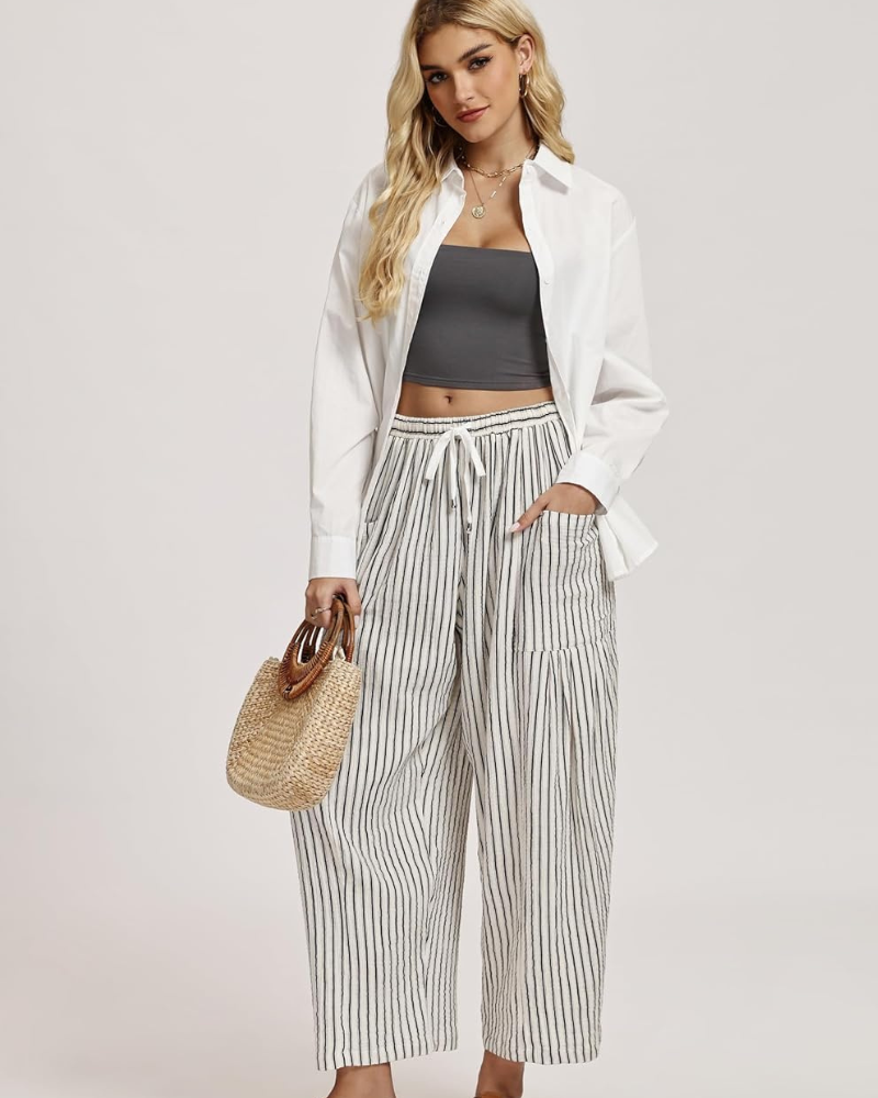 Tina Pantalone Donna – Palazzo Lin Large Oversize Taille Cordon & Tasche