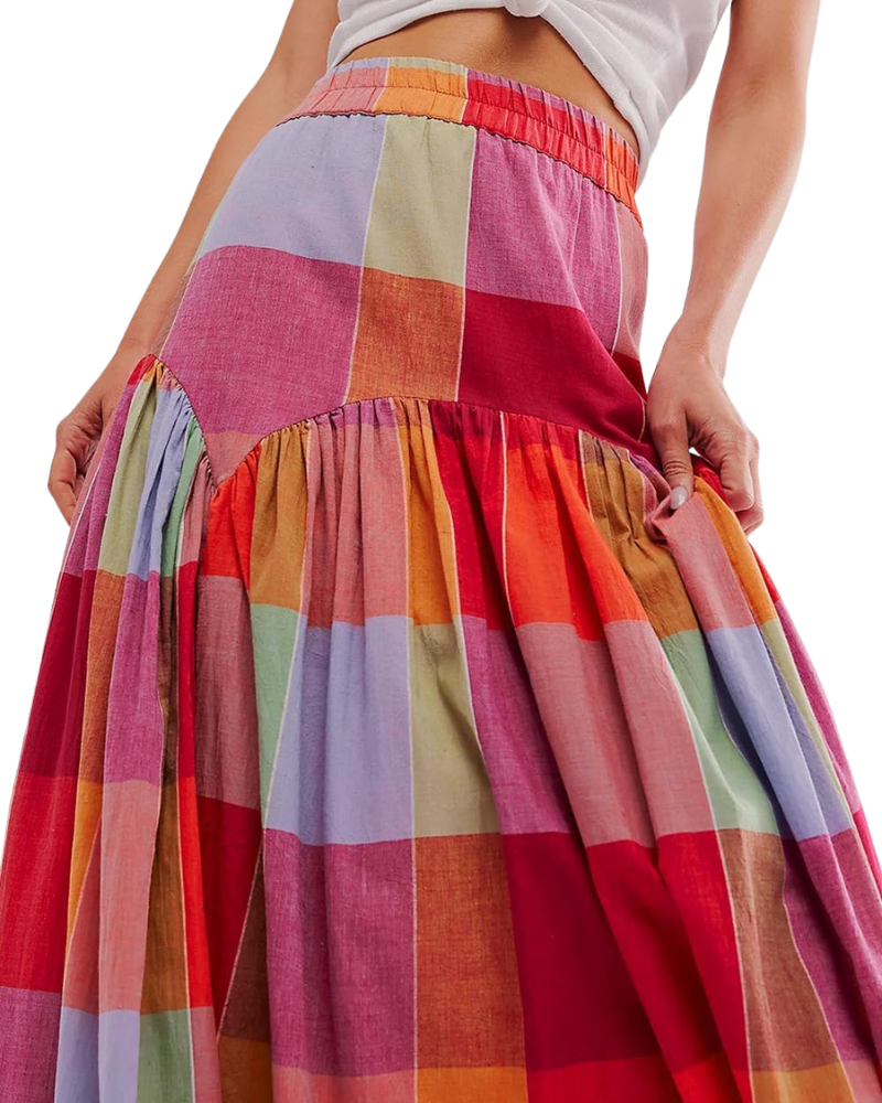 Nayla Gonna Maxi Donna – Gonna Carreaux Multicolore Vita Alta Froncée