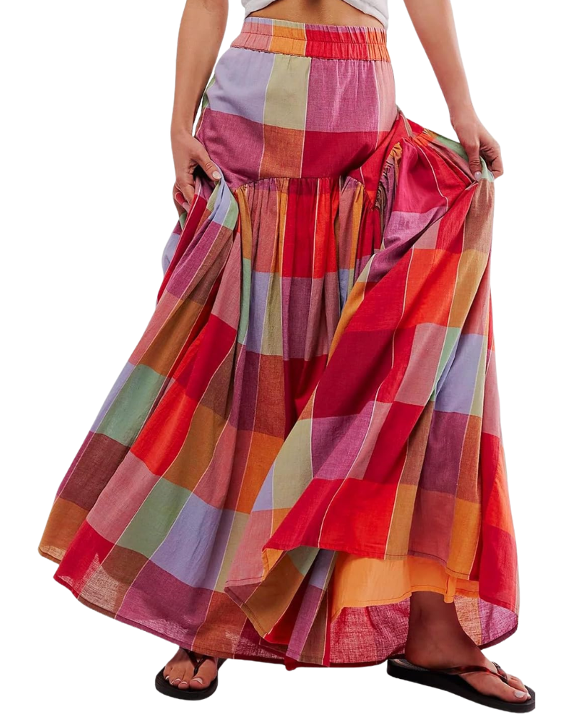 Nayla Gonna Maxi Donna – Gonna Carreaux Multicolore Vita Alta Froncée