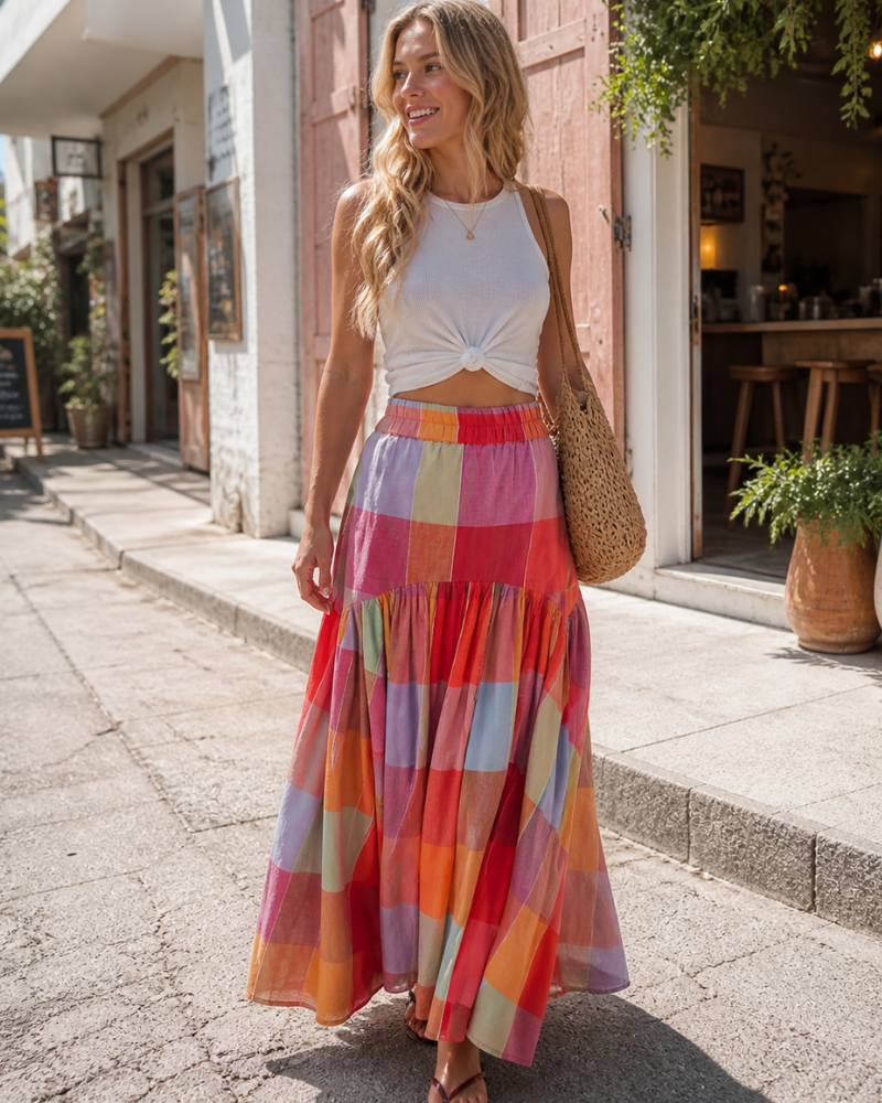 Nayla Gonna Maxi Donna – Gonna Carreaux Multicolore Vita Alta Froncée