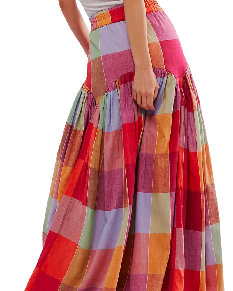 Nayla Gonna Maxi Donna – Gonna Carreaux Multicolore Vita Alta Froncée